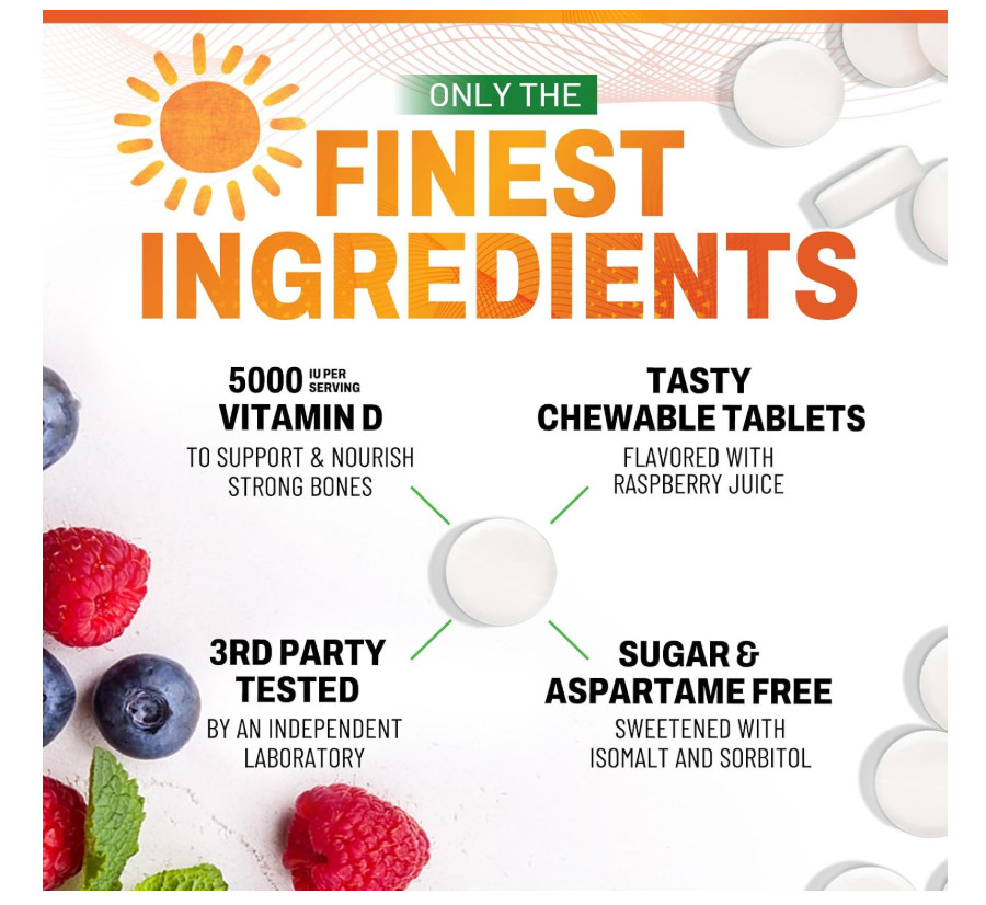 Vitamin D3 5000 IU 125mcg Chewable Tablets Raspberry Immune Bone Health 120 Coun