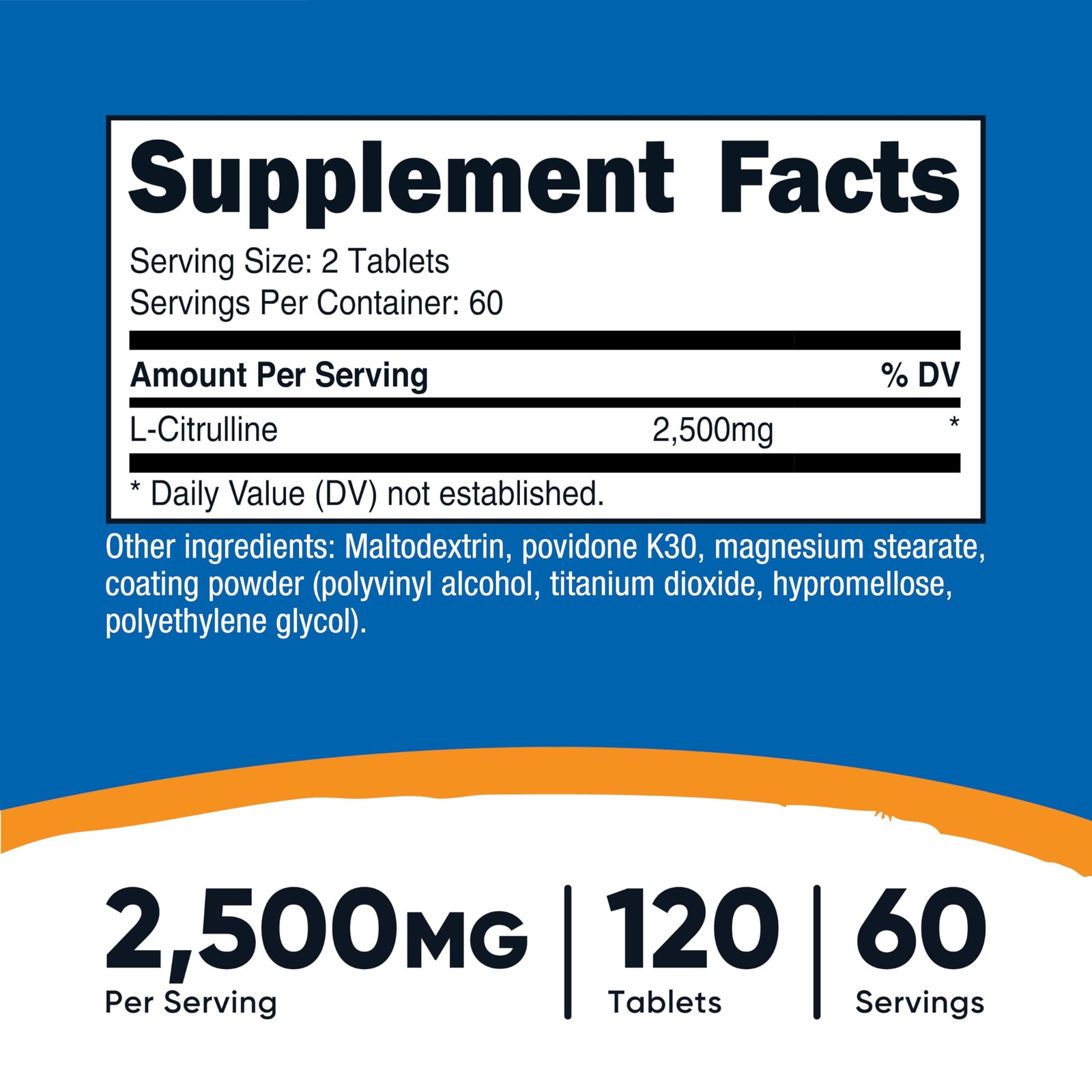 Nutricost L-Citrulline 2500mg Per Serving, 120 Count (Pack of 1), Multicolor