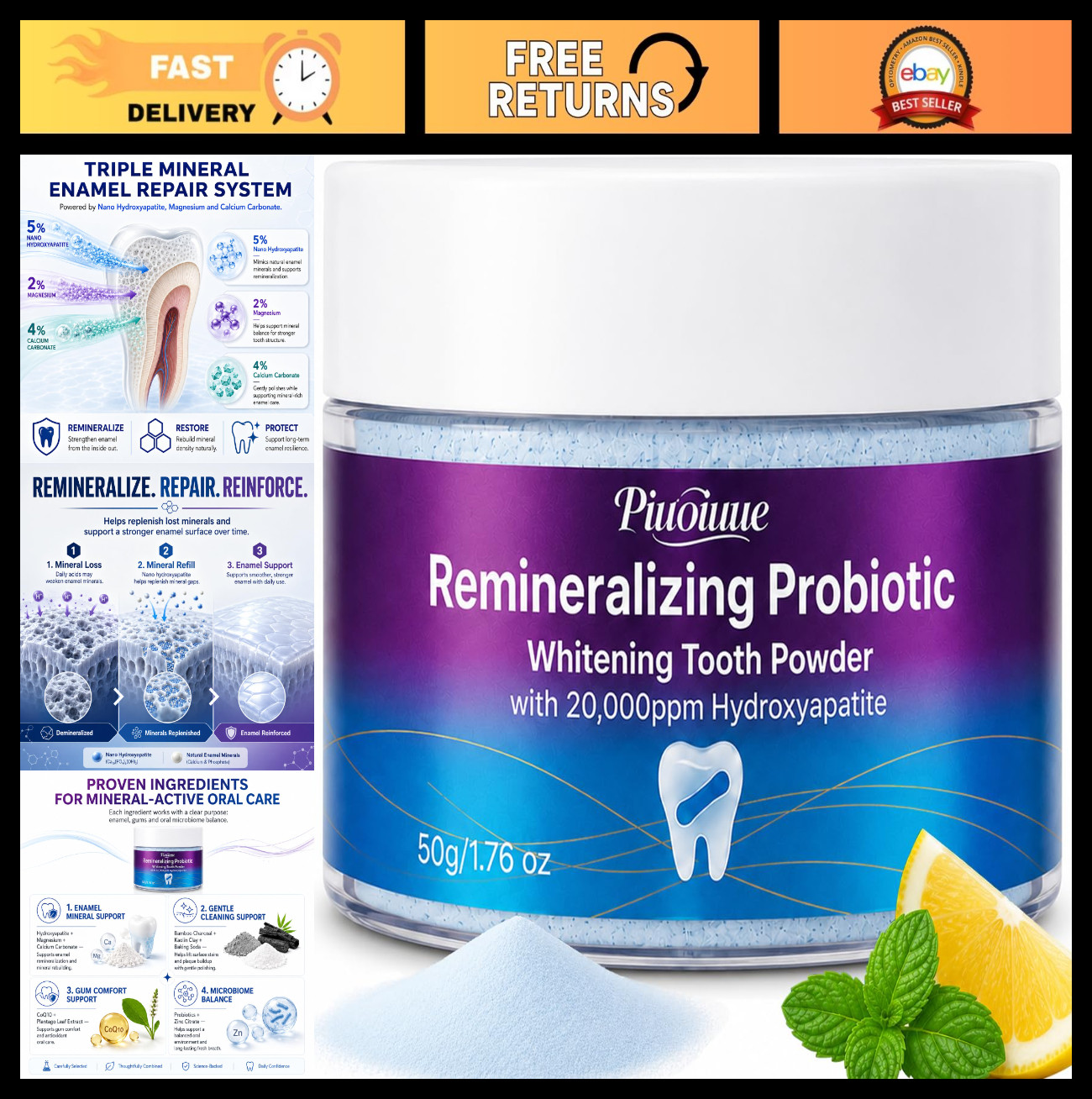 Remineralizing Tooth Powder 20,000ppm Hydroxyapatite | Enamel Support, Gum Care,