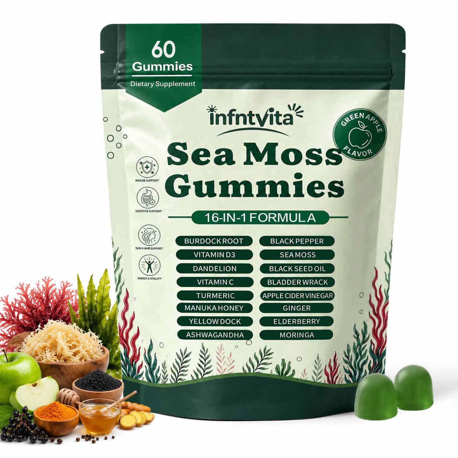 YALGET Sea Moss Gummies 16-in-1 with Ashwagandha, Black Seed Oil, Ginger, Tur…
