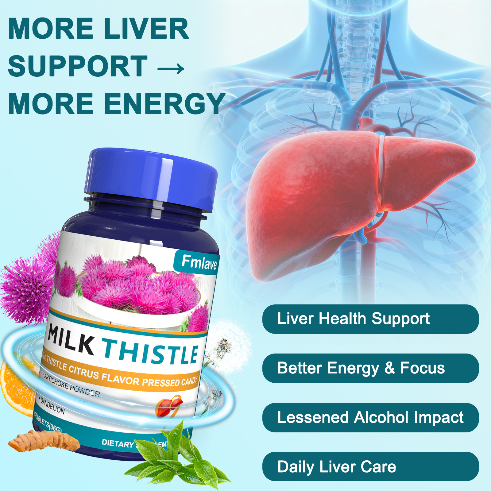 Liver Cleanse Detox Repair Formula w/Turmeric, Milk Thistle Dandelion 3pcs 180ct