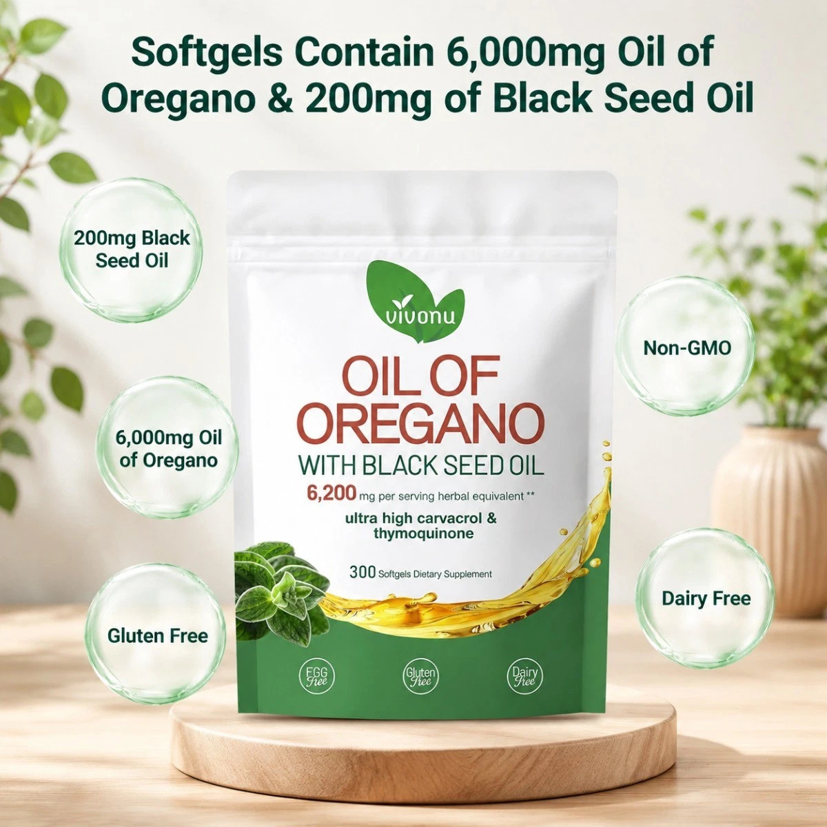 Oil of Oregano with Black Seed Oil Softgels 300 Count 6200mg Herbal Supplement