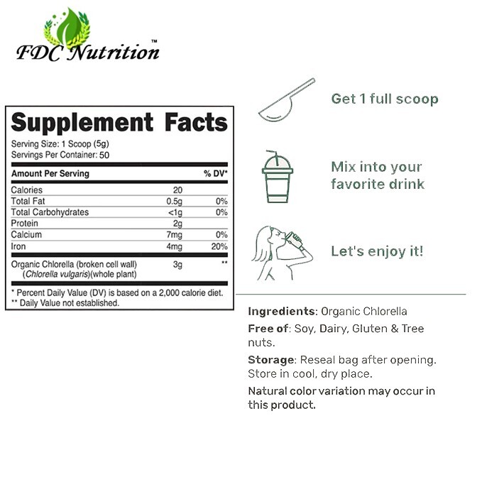 FDC Organic Chlorella Powder, 1lb, Non GMO, Gluten Free, Broken Cell Wall