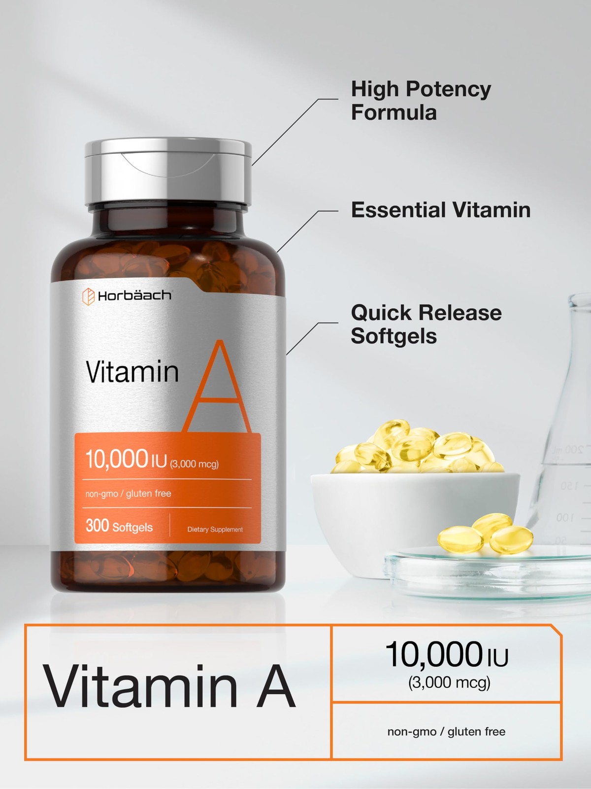 Horbäach Vitamin A 10000 IU Softgels | 300 Count | 300 (Pack of 1)