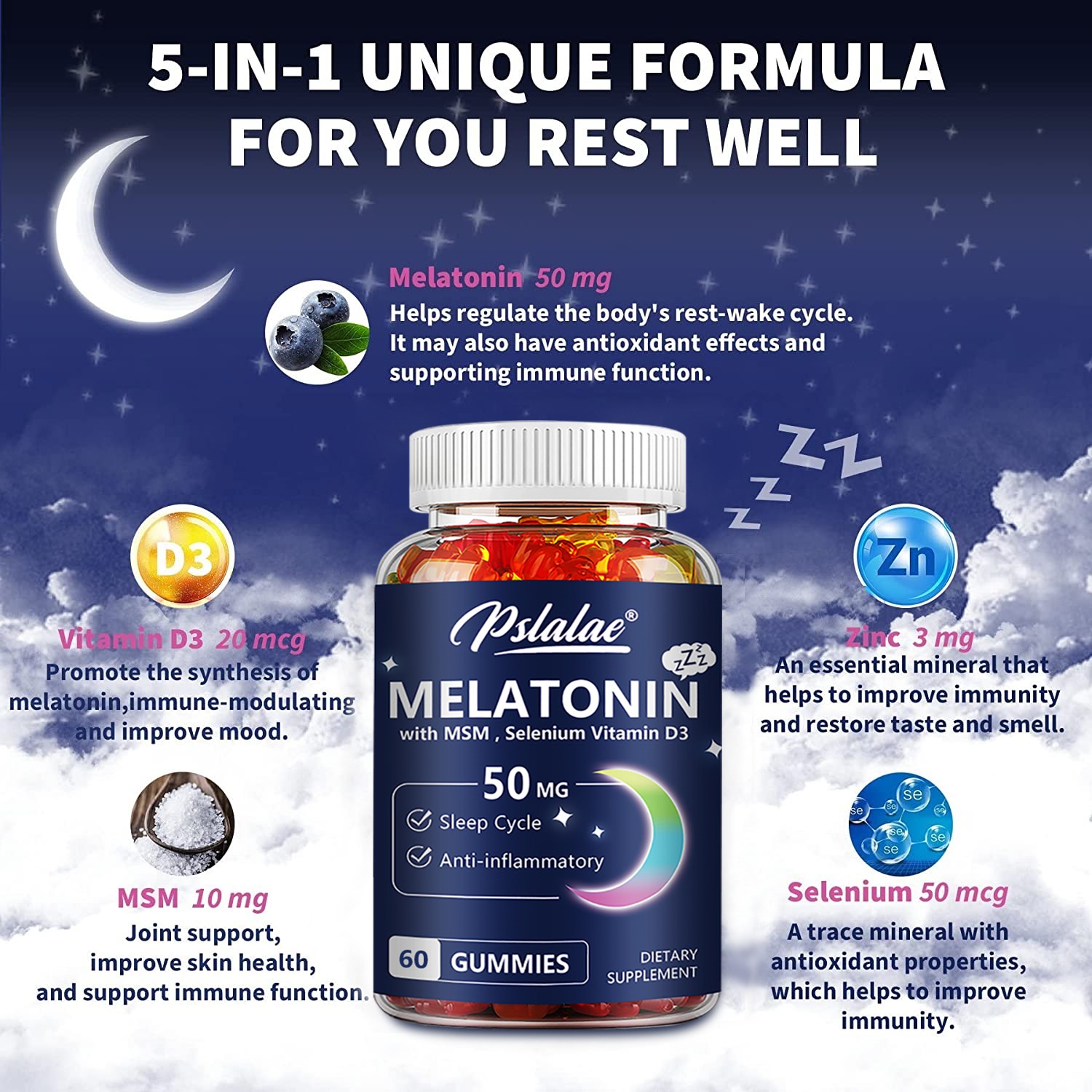 Melatonin 50mg – Sleep Aid, Regulate Sleep Cycle, Promote Relaxation – Zinc, MSM