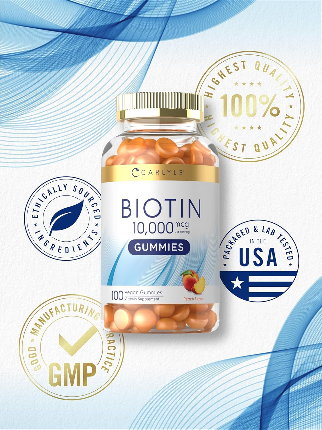 Biotin 10000Mcg Gummies | 100 Count | Peach Flavor Supplement | Vegan, Non-Gm…
