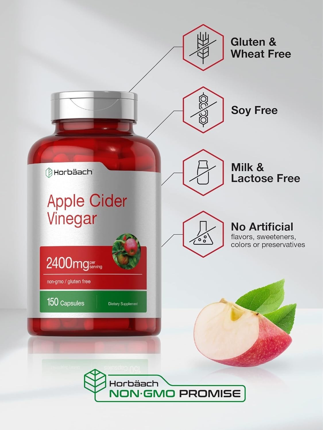 Apple Cider Vinegar Capsules | 2400mg | 150 Count | Non-GMO | by Horbaach