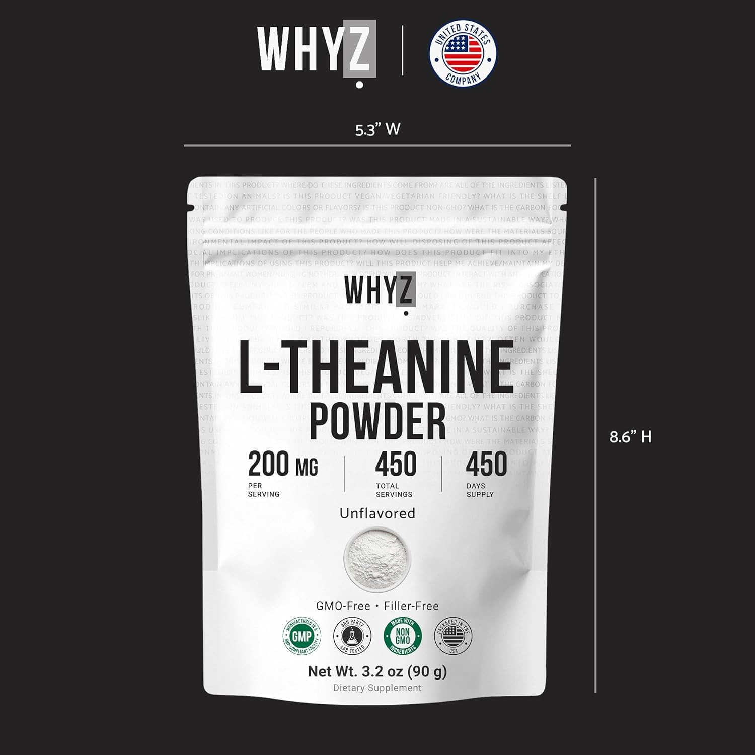 Pure L-Theanine Powder Unflavored Vegan Non-GMO No Additives 3.2oz 90g