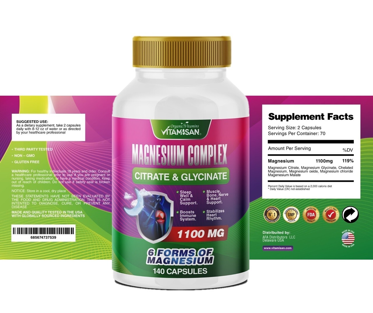 Bio Triple Magnesium Complex, 1100mg of Magnesium Glycinate 140 capsules USA