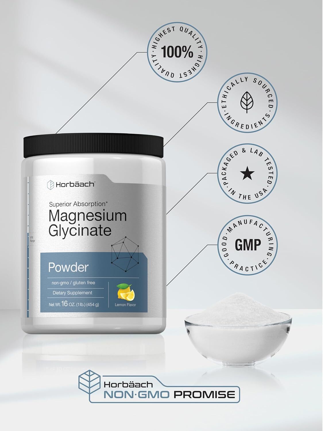 Magnesium Glycinate Powder 1 lb | Lemon Flavor, Non-GMO | by Horbaach