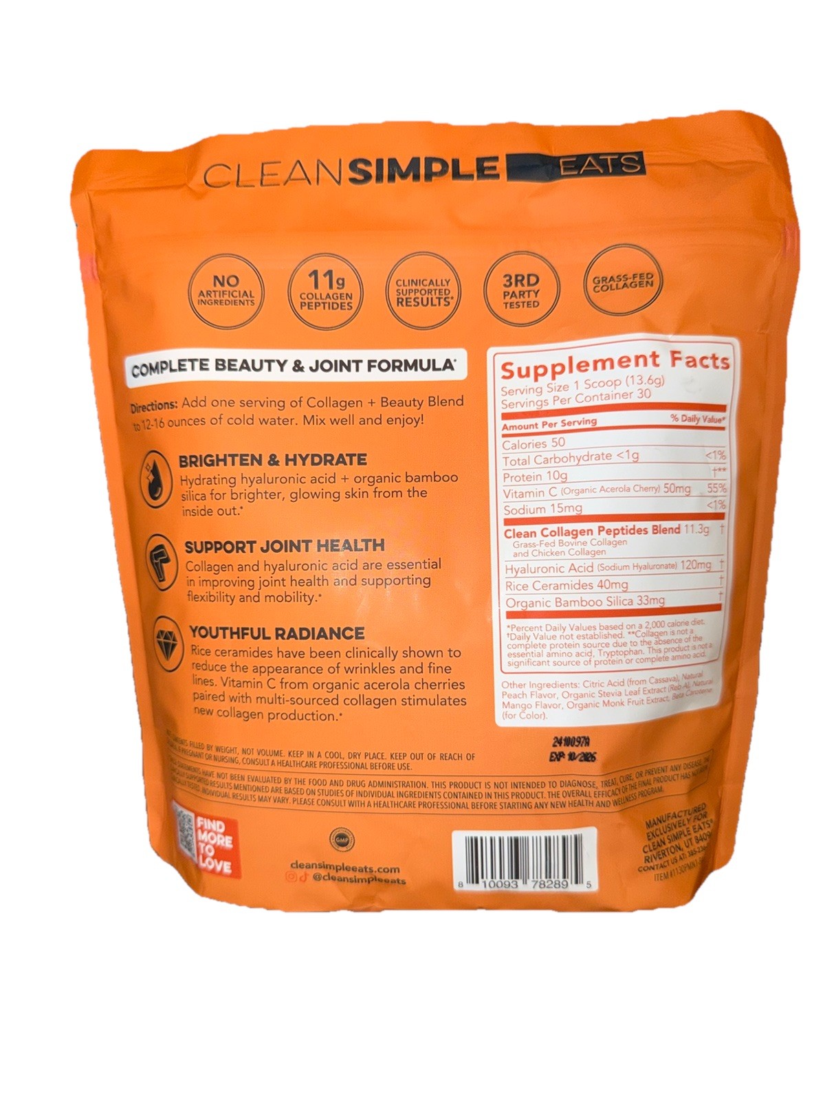 Clean Simple Eats Collagen + Beauty Blend, Peach Mango, 30 Servings Joint Health