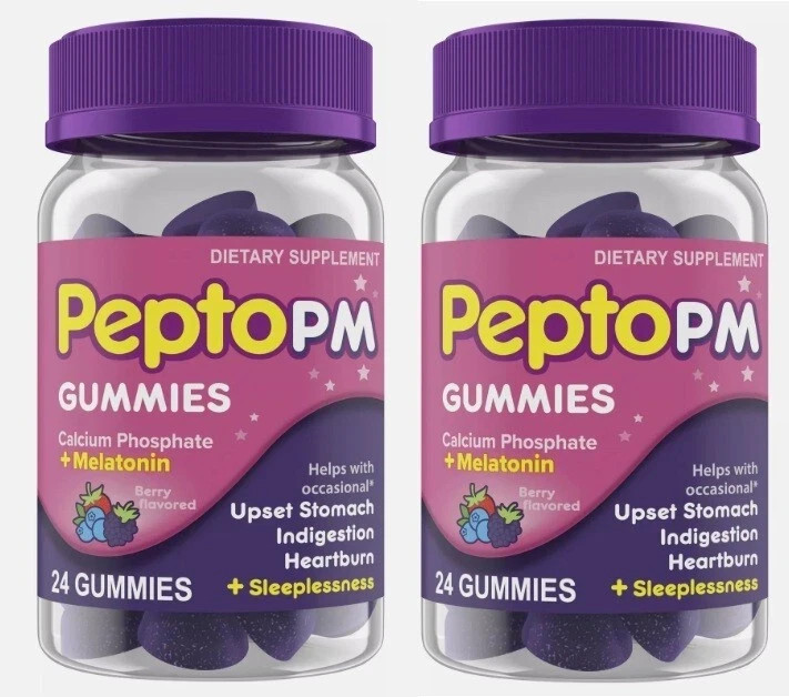 2 Pepto PM Gummies w/Calcium Phosphate & Melatonin 24 Berry Stomach & Sleep Aide