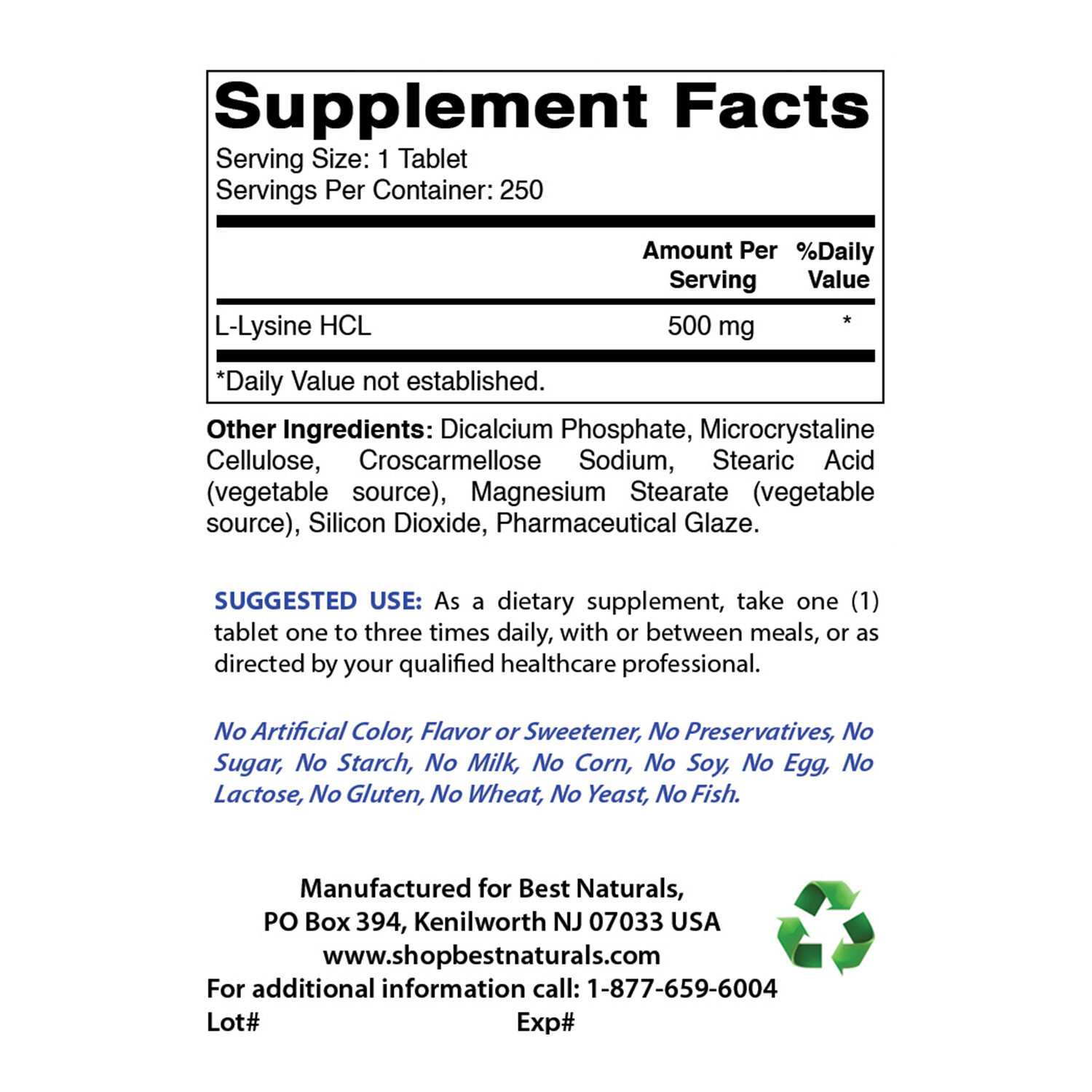 2 Pack Best Naturals L-Lysine 500 mg 250 Tablets
