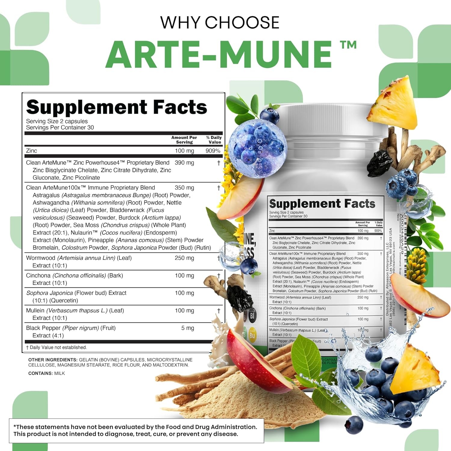 Clean Nutraceuticals Artemisinin Quercetin Zinc Mullein Quinine Supplement with