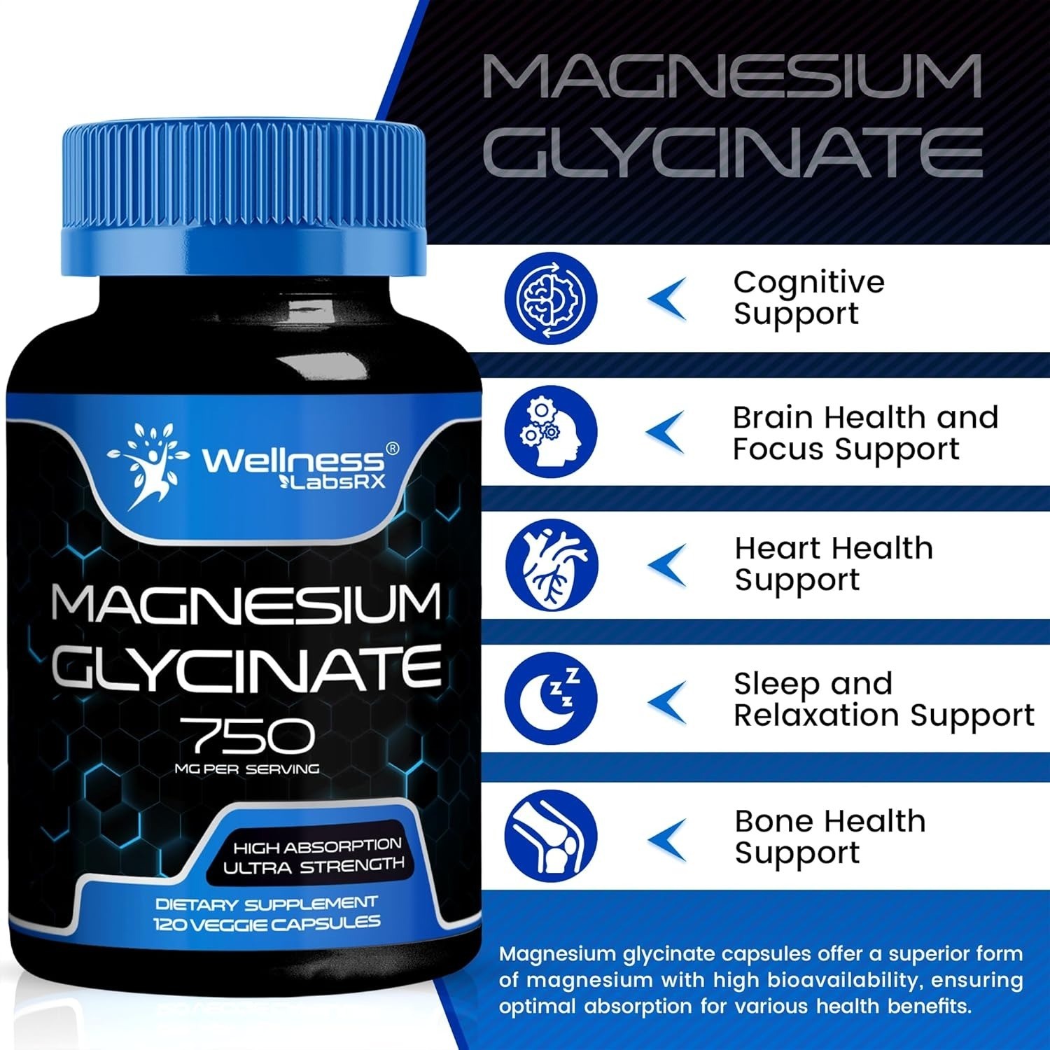 Magnesium Glycinate 750mg | 120 Capsules | High-Absorption-Sleep-Support
