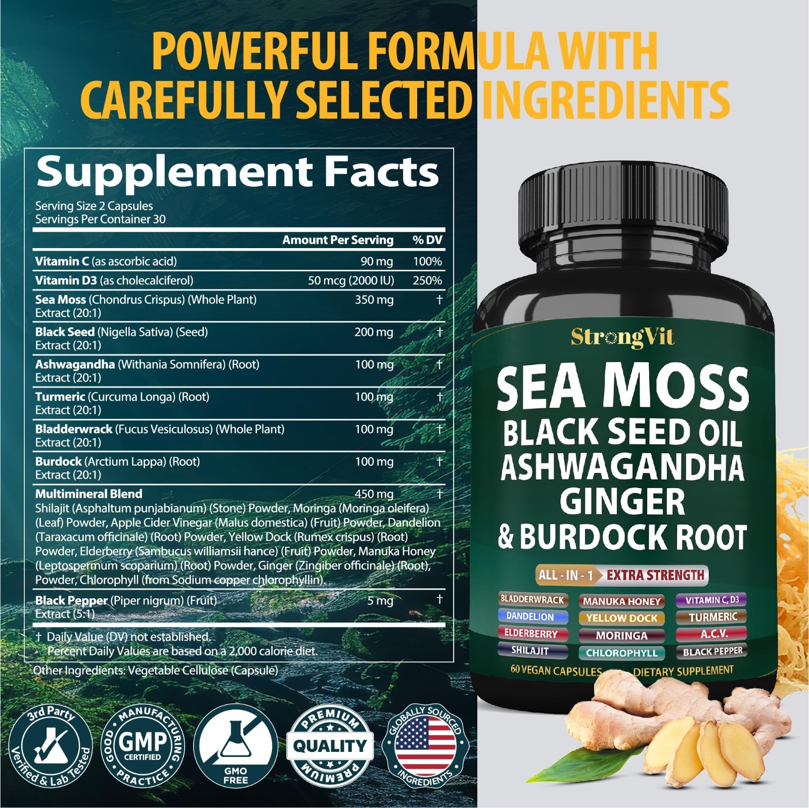 Organic Sea Moss Capsules with Black Seed Oil, Ashwagandha & Ginger – Multiminer