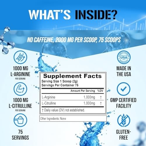 Nitric Oxide Booster Powder – L-Citrulline & L-Arginine 1000mg, 75 Servings, Ene
