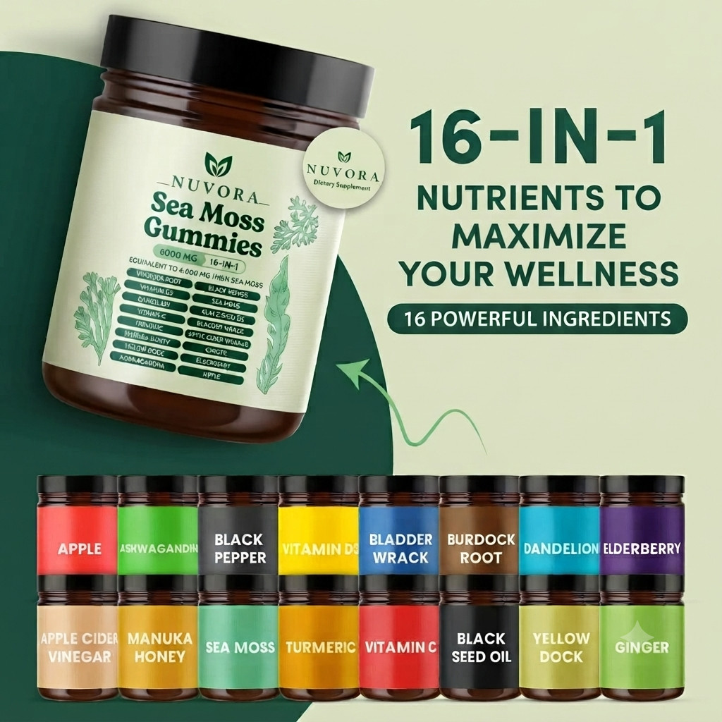 16-in-1 Irish Sea Moss Gummies 6000mg Green Apple Wellness Supplement 30 Ct