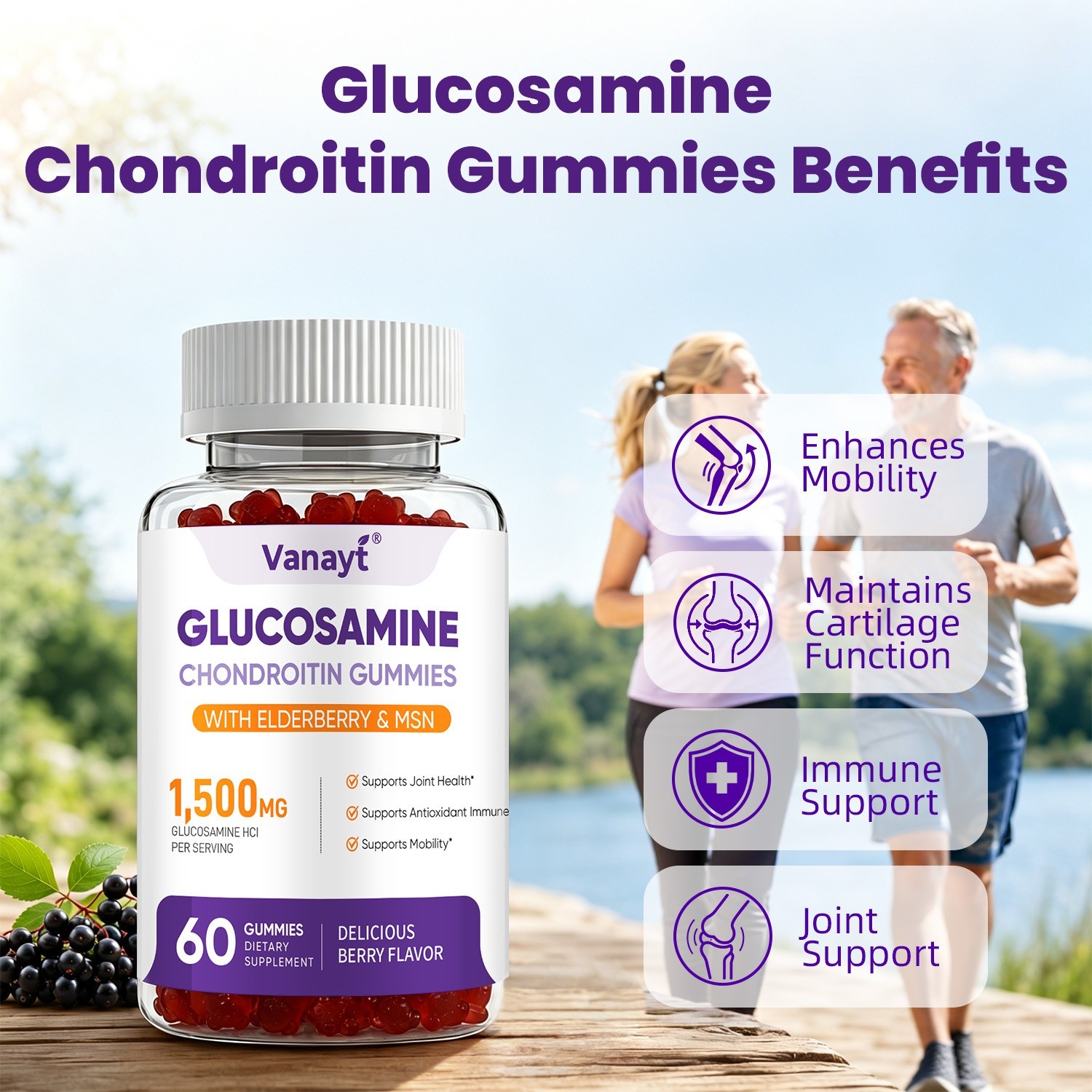 1500mg Glucosamine Chondroitin Gummies MSM Triple Strength Joint Support 60Ct