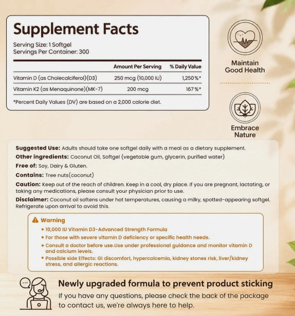 Vitamin D3 K2 Supplement, Coconut Oil for Bone & Immune Support