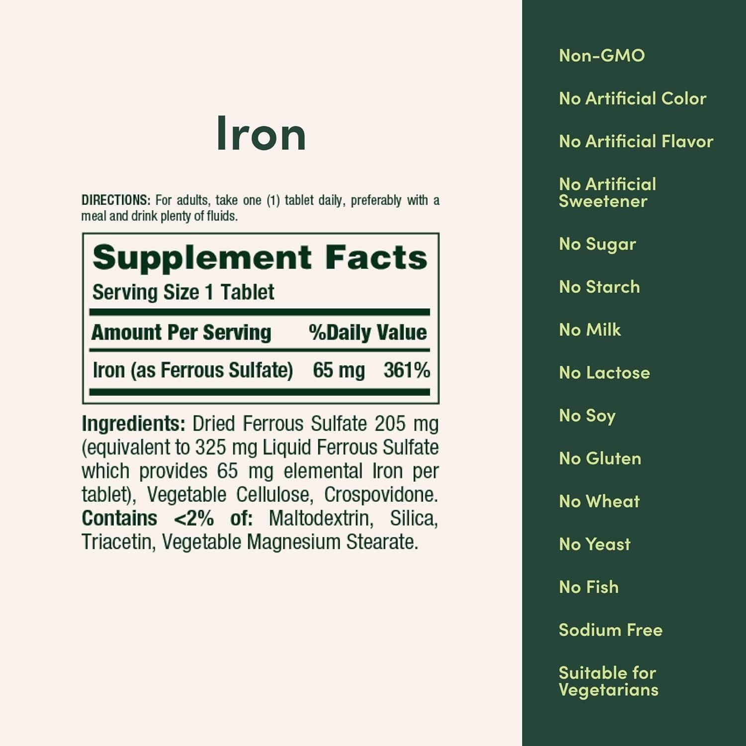 Iron 65 Mg Support Red Blood Cell Production Ferrous Sulfate 325 Mg, 100 Tabs