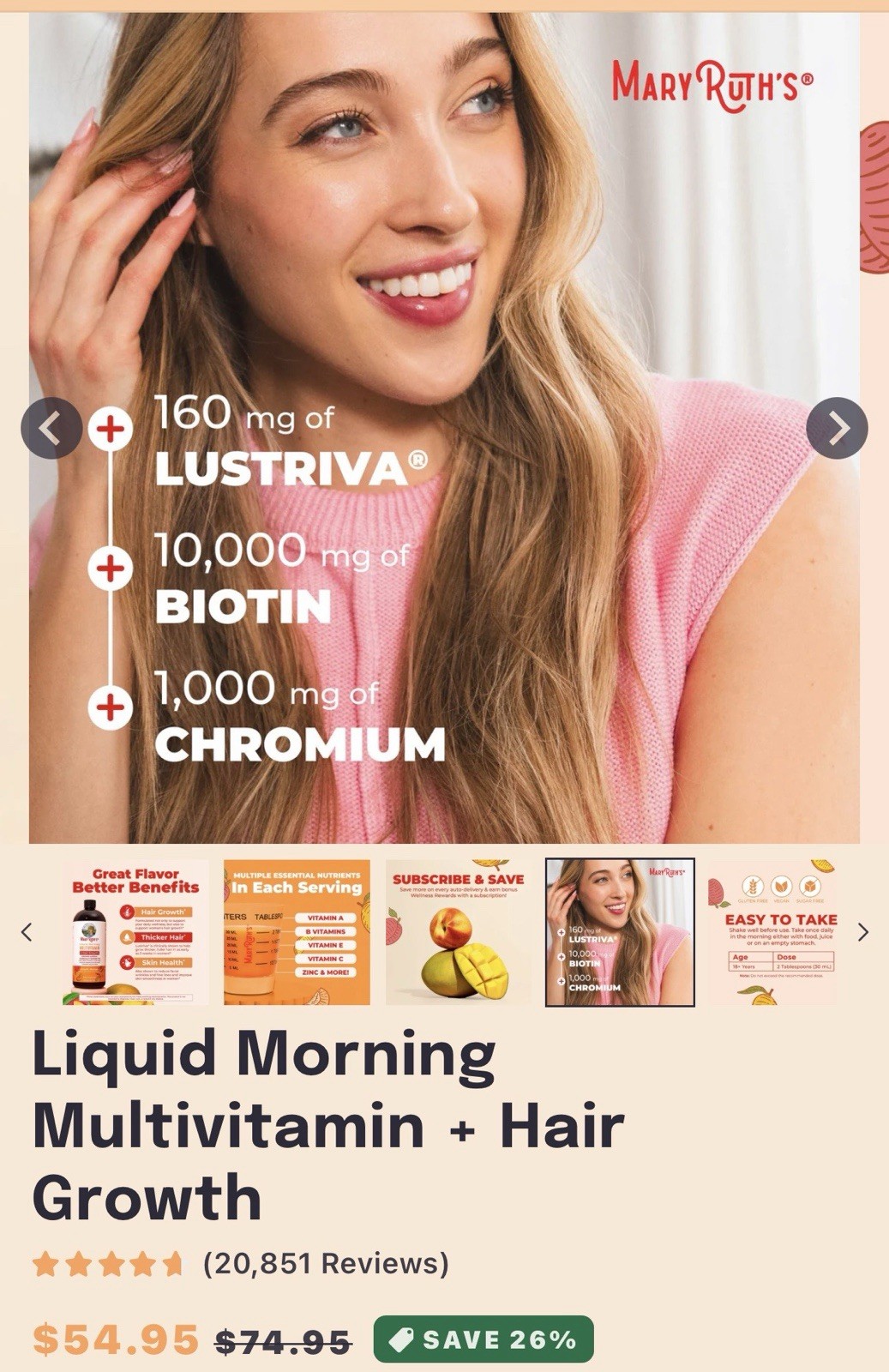 MaryRuth’s Liquid Multivitamin Hair Growth Women Peach Mango 15.22 fl oz