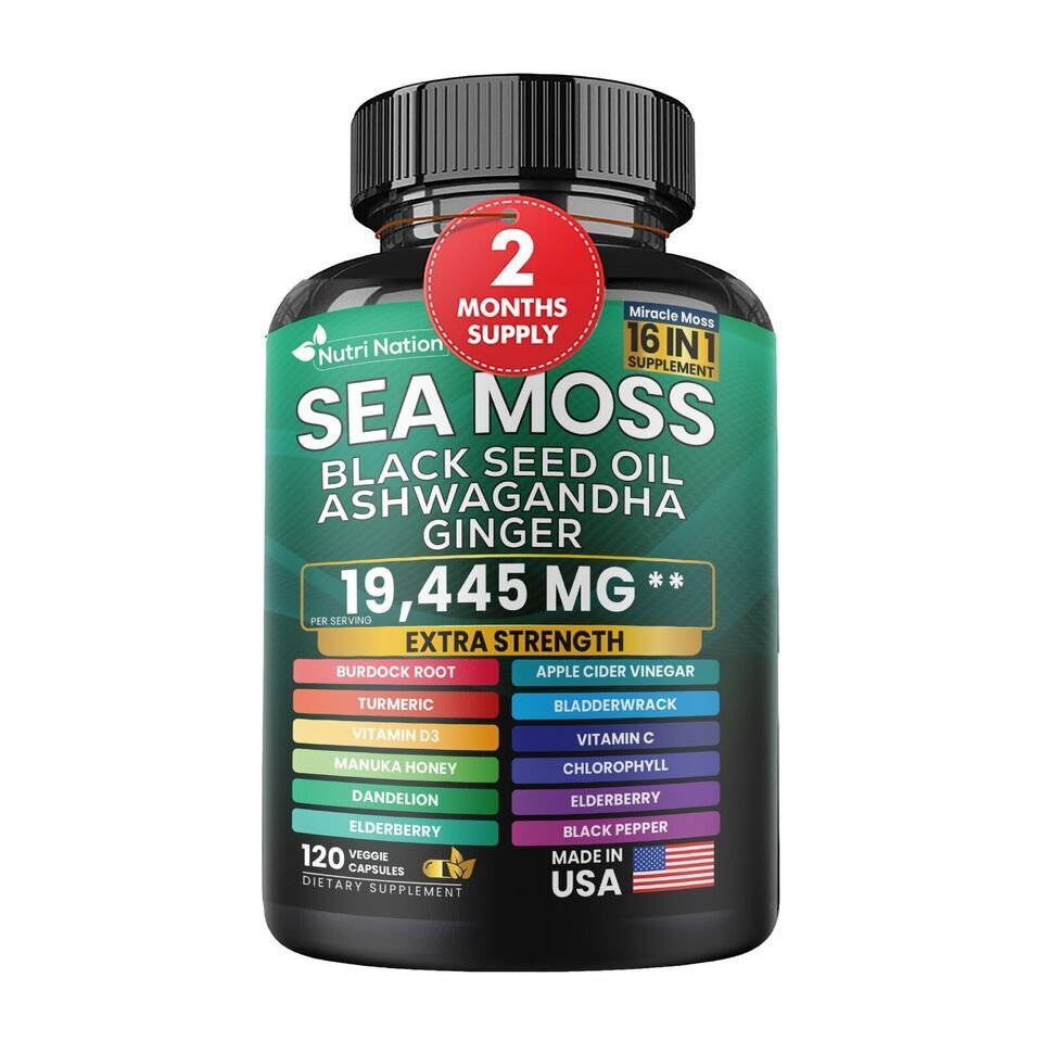 Sea Moss, Black Seed Oil, Ashwagandha, Turmeric, Ginger (16 in 1) 120 Capsules