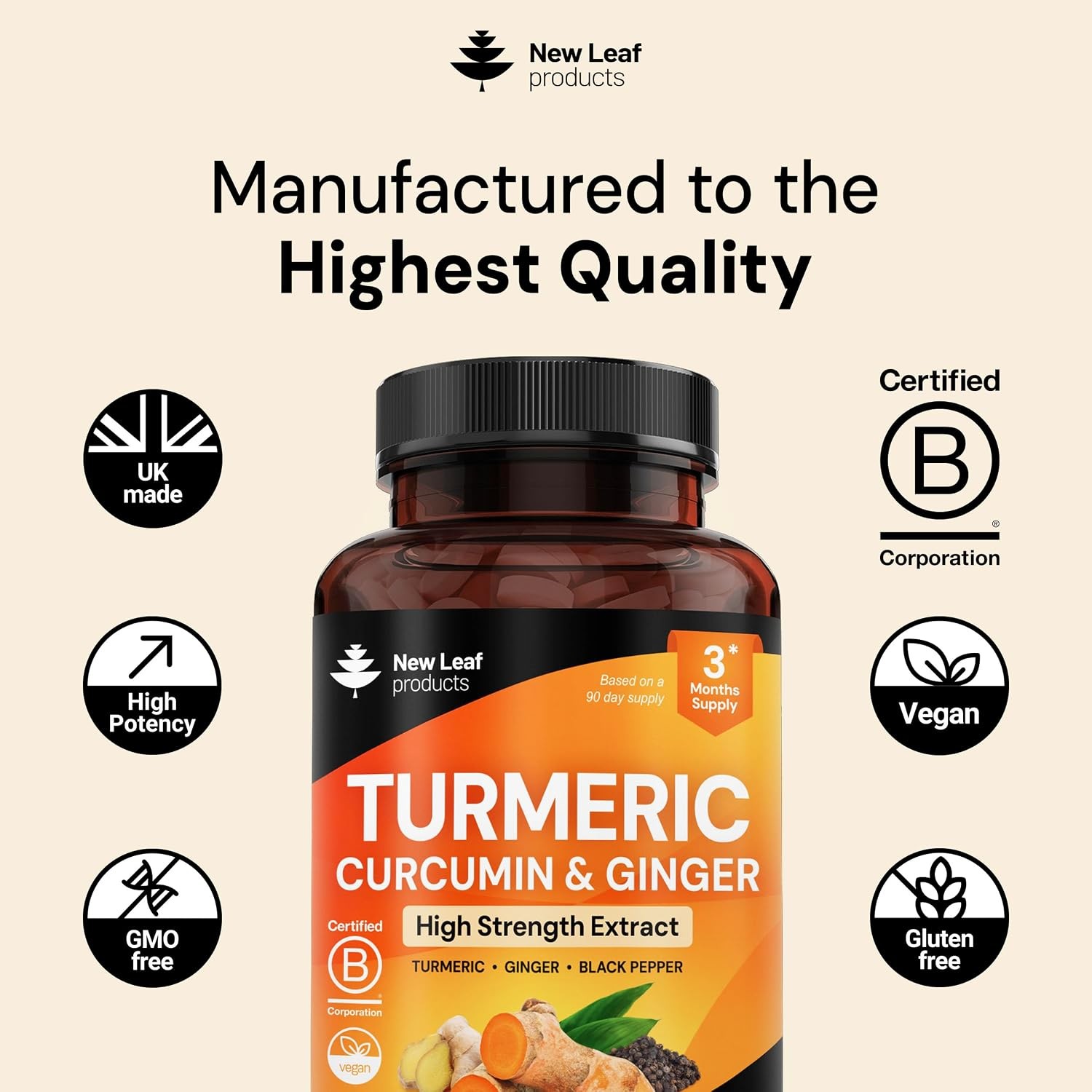 Turmeric Tablets with Black Pepper & Ginger – Curcumin – 180 Turmeric and Black
