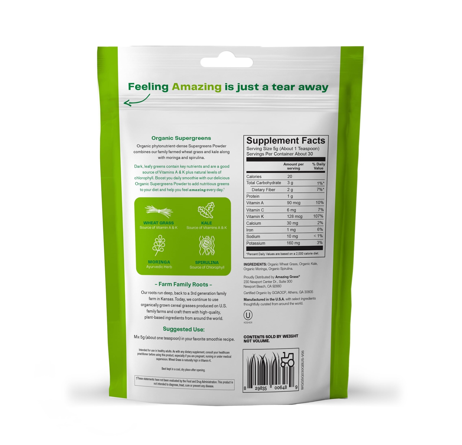 Amazing Grass Organic Super Greens Powder Smoothie Booster 5.29 Oz