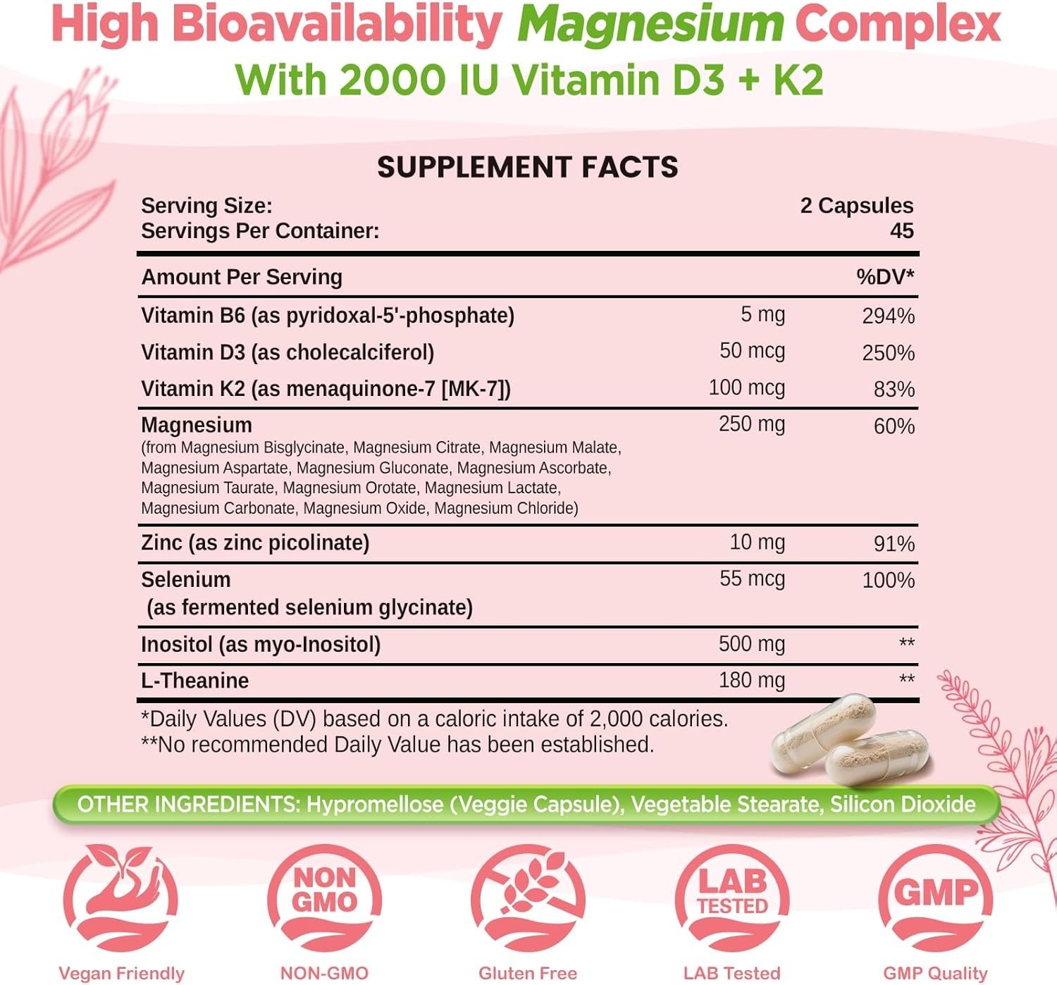 12 in 1 Magnesium Complex for Women – 1000mg Magnesium Complex with D3K2, B6