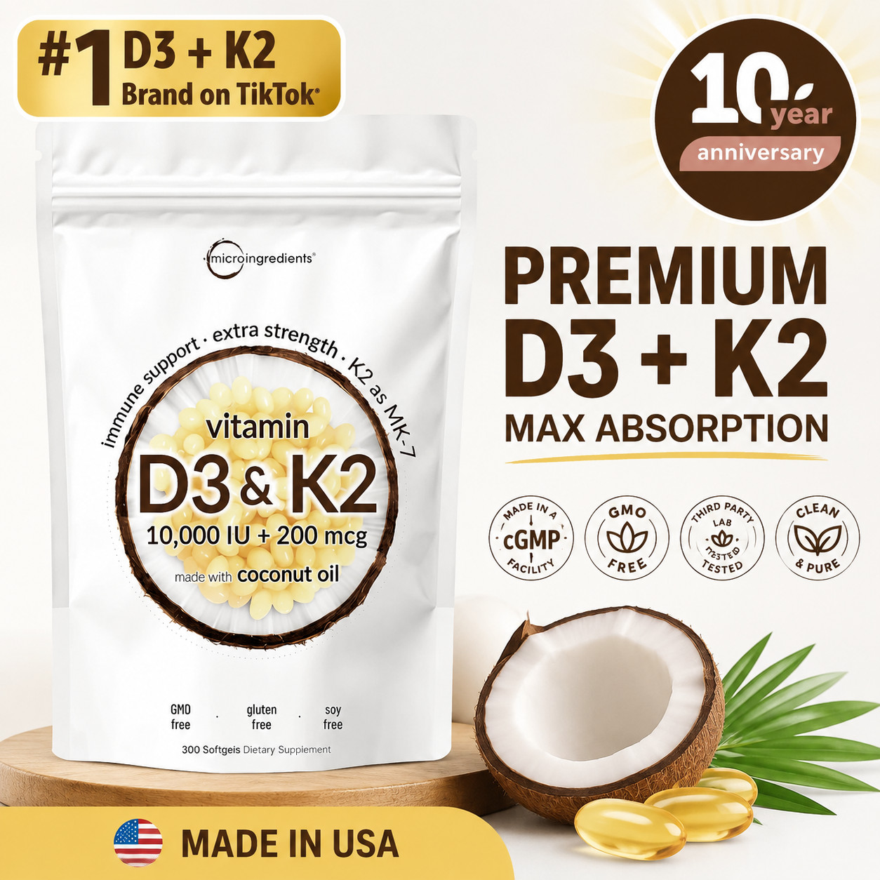 Vitamin D3 10000 iu Plus K2 (MK-7) 200 mcg, 300 Virgin Coconut Oil Softgels