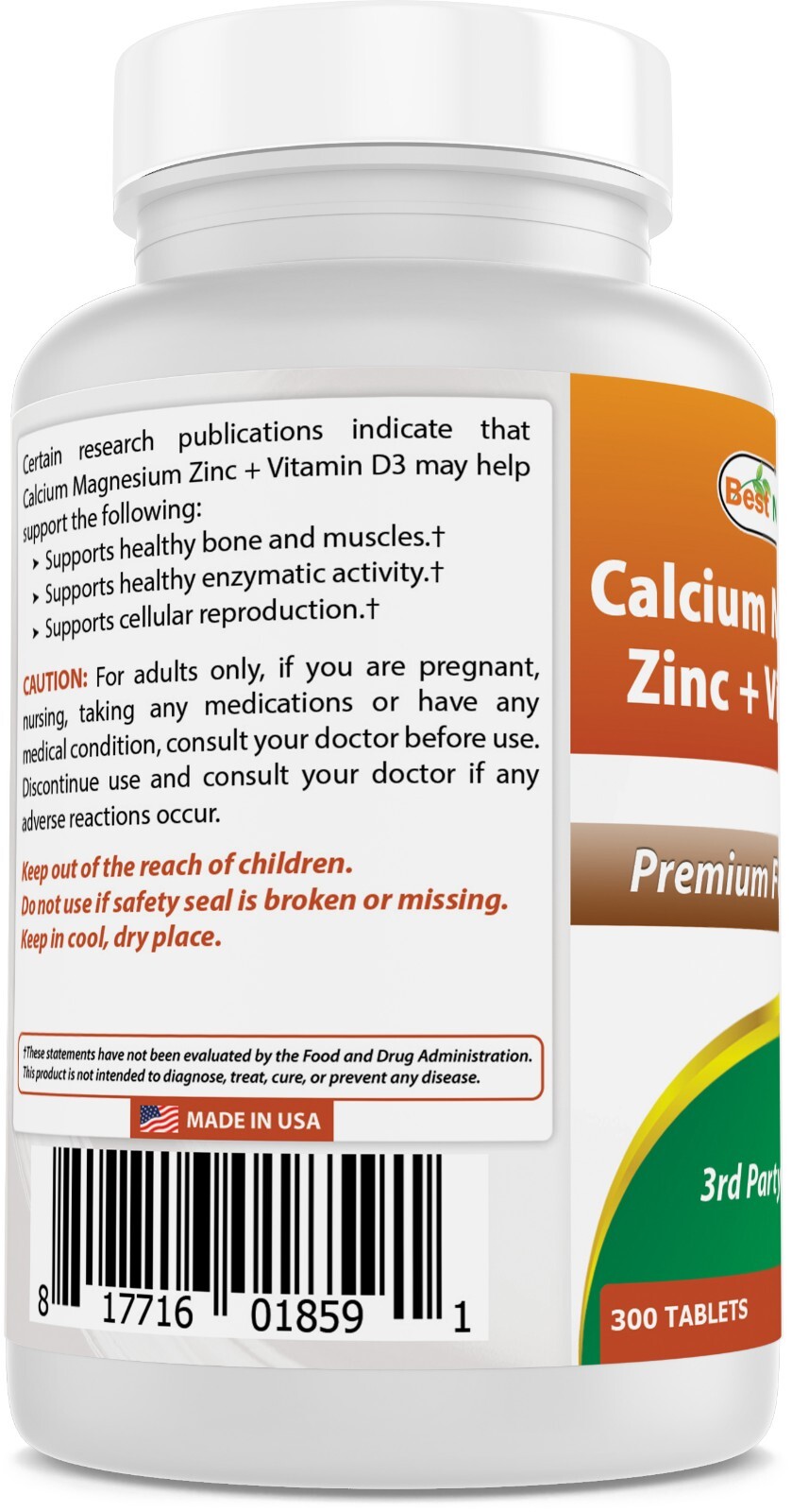 Best Naturals Calcium Magnesium Zinc with Vitamin D3, 300 Tablets