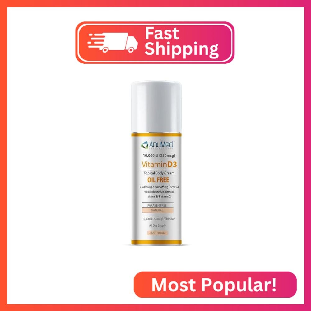 AnuMed Vitamin D3 10,000 IU Oil-Free Cream with Magnesium + Hyaluronic Acid, Vit