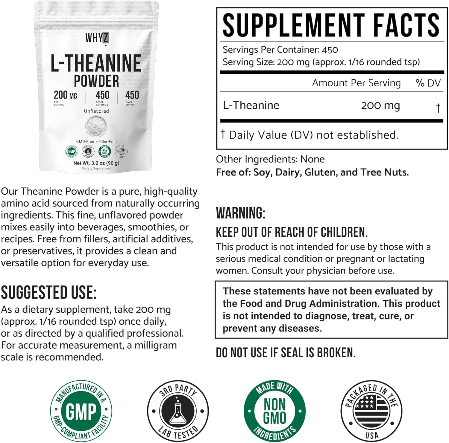 Pure L-Theanine Powder Unflavored Vegan Non-GMO No Additives 3.2oz 90g