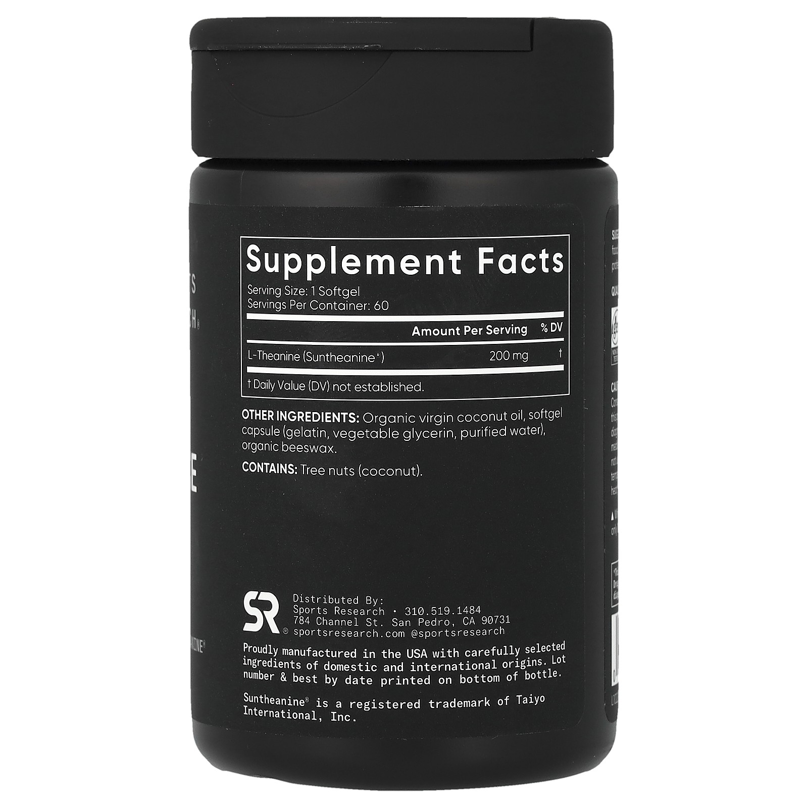 Sports Research L-theanine 200 mg 60 Softgels Dairy-Free, Egg-Free, Fish Free,