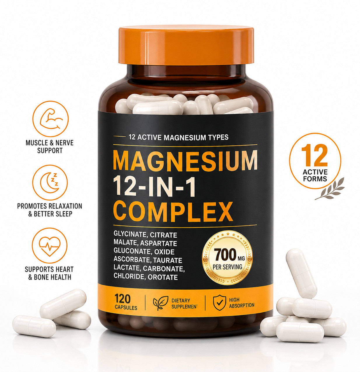 Magnesium 12-in-1 Complex 700mg Glycinate Citrate Taurate 120 Capsules Vegan
