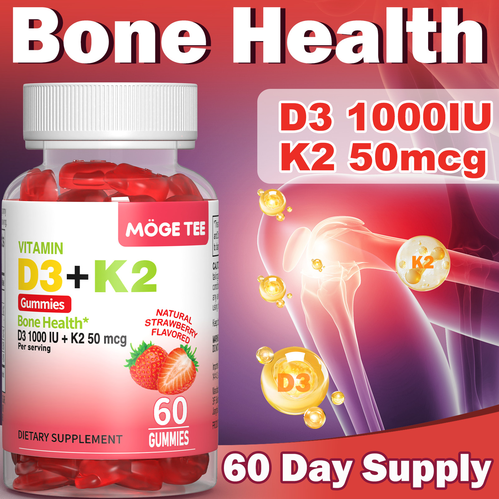 Vitamin K2 D3 Gummies Bone Immune Support Non-GMO 60-240 Count Strawberry Flavor