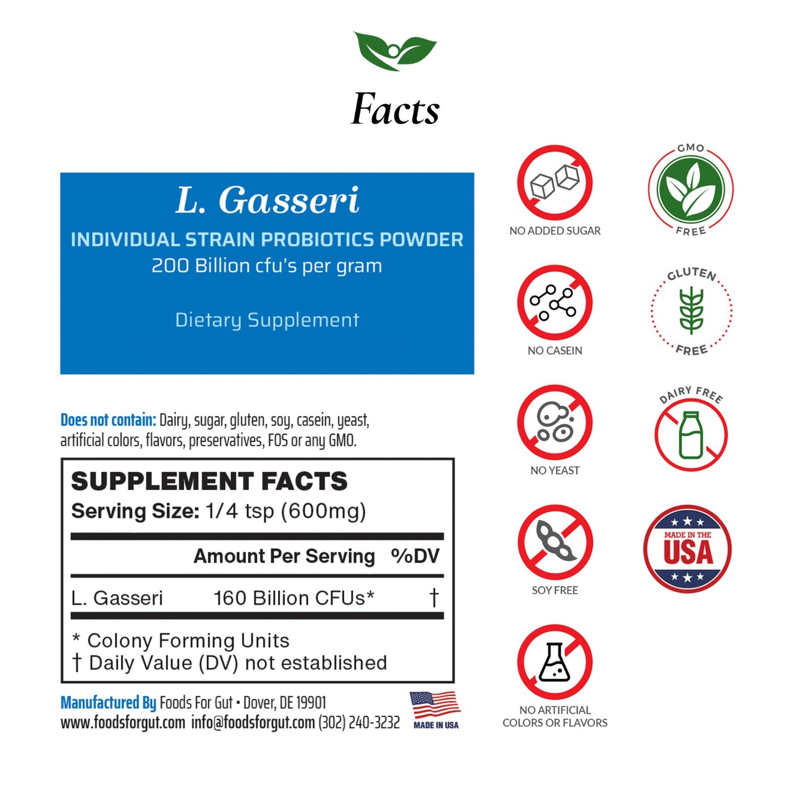 Lactobacillus Gasseri Probiotic Powder 200B CFU | Made in USA | No Additives