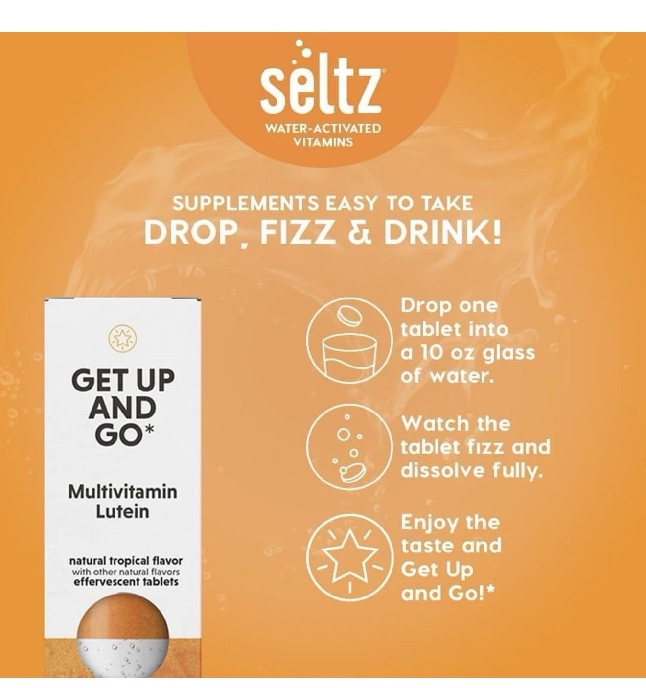 Seltz Get Up and Go Effervescent Multivitamin – Tropical Flavor – (6 Pack) 20ct.