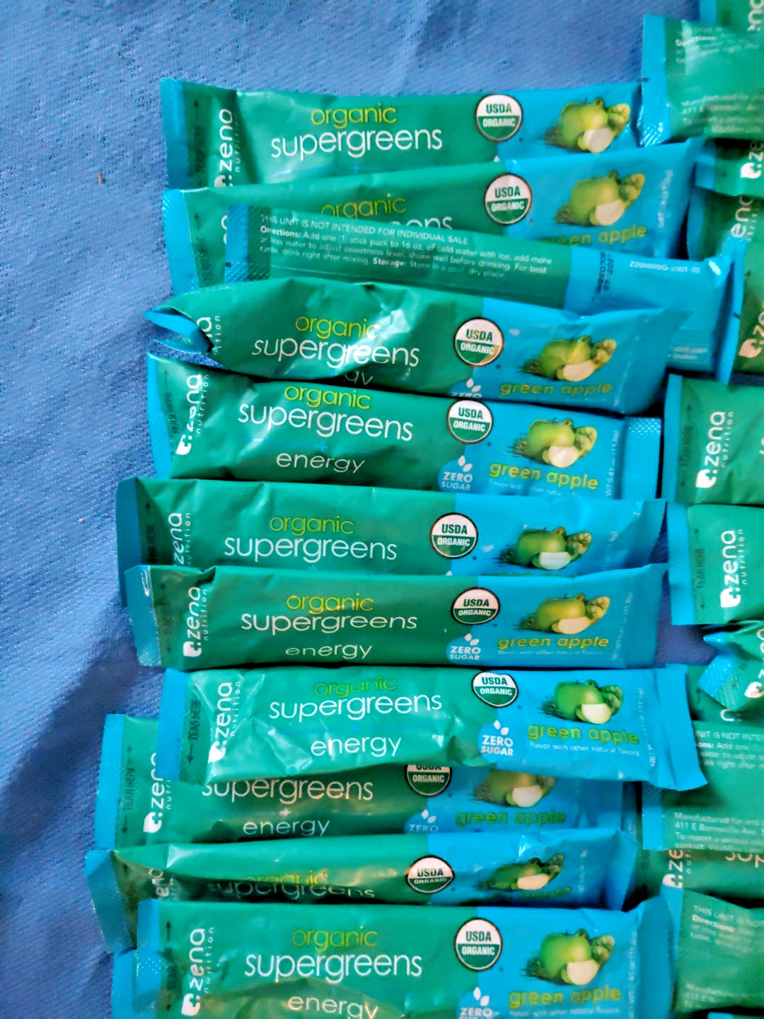Zena Organic Supergreens Plus Energy Apple 45 Stick Exp: 7/2027 – Open Bag