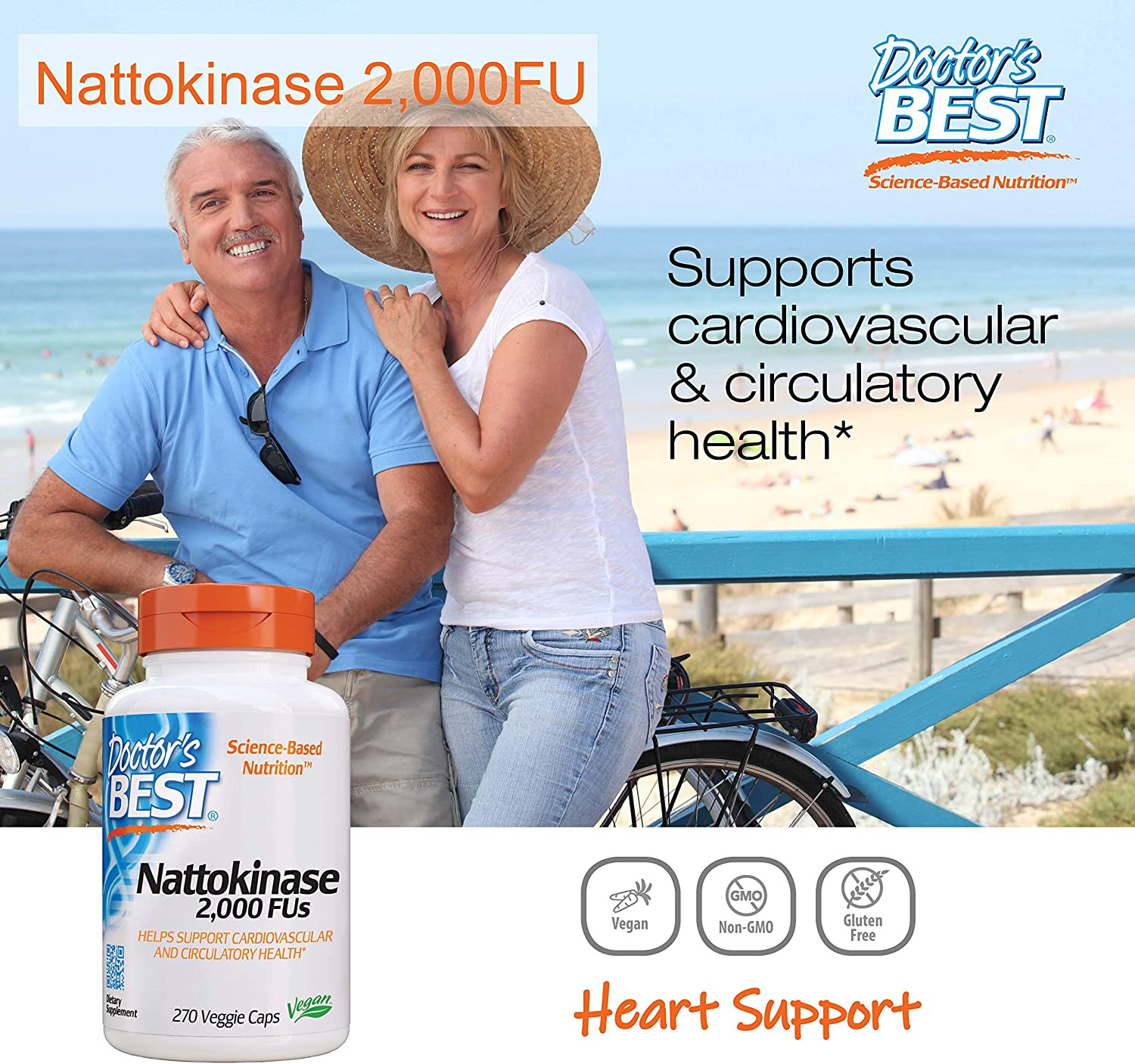 Doctors Best Nattokinase, Non-GMO, Vegan, Gluten Free, 270 Veggie Caps