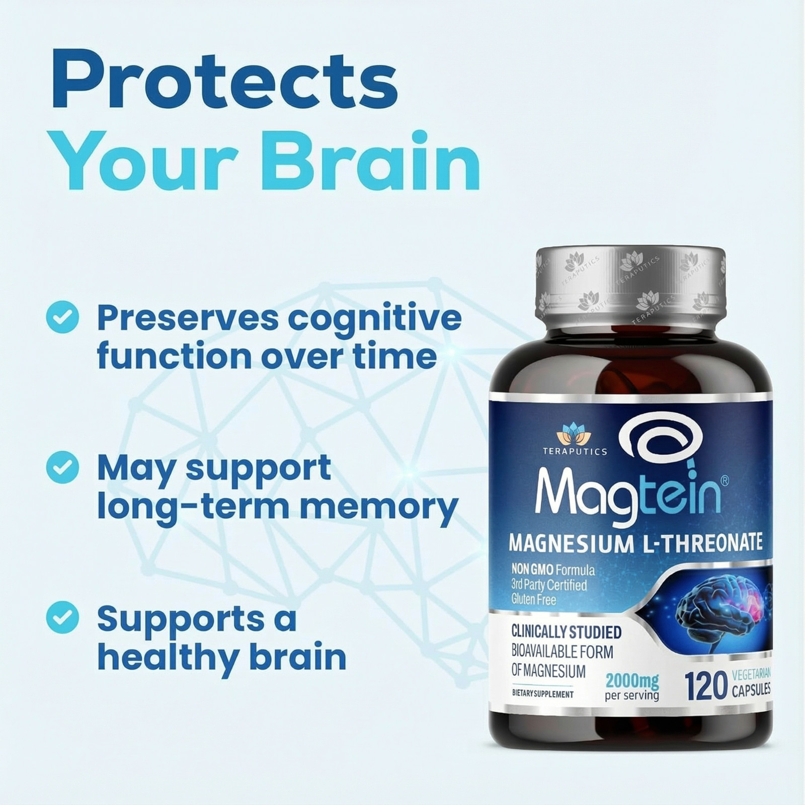 Magnesium L Threonate (Magtein) – 100 Vegan Capsules – Non-GMO UltraPure