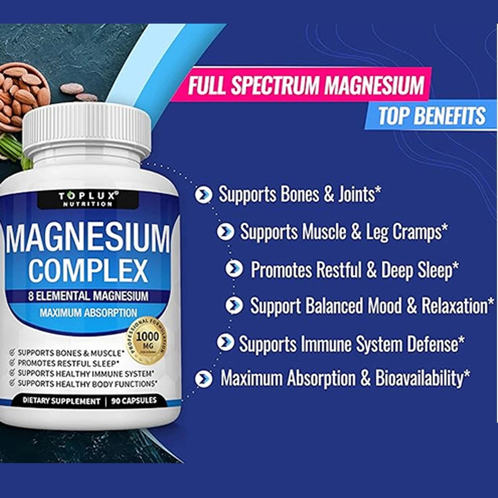 1-3Pack Toplux Nutrition Magnesium Complex 1000mg Supports 8 Elemental Magnesium