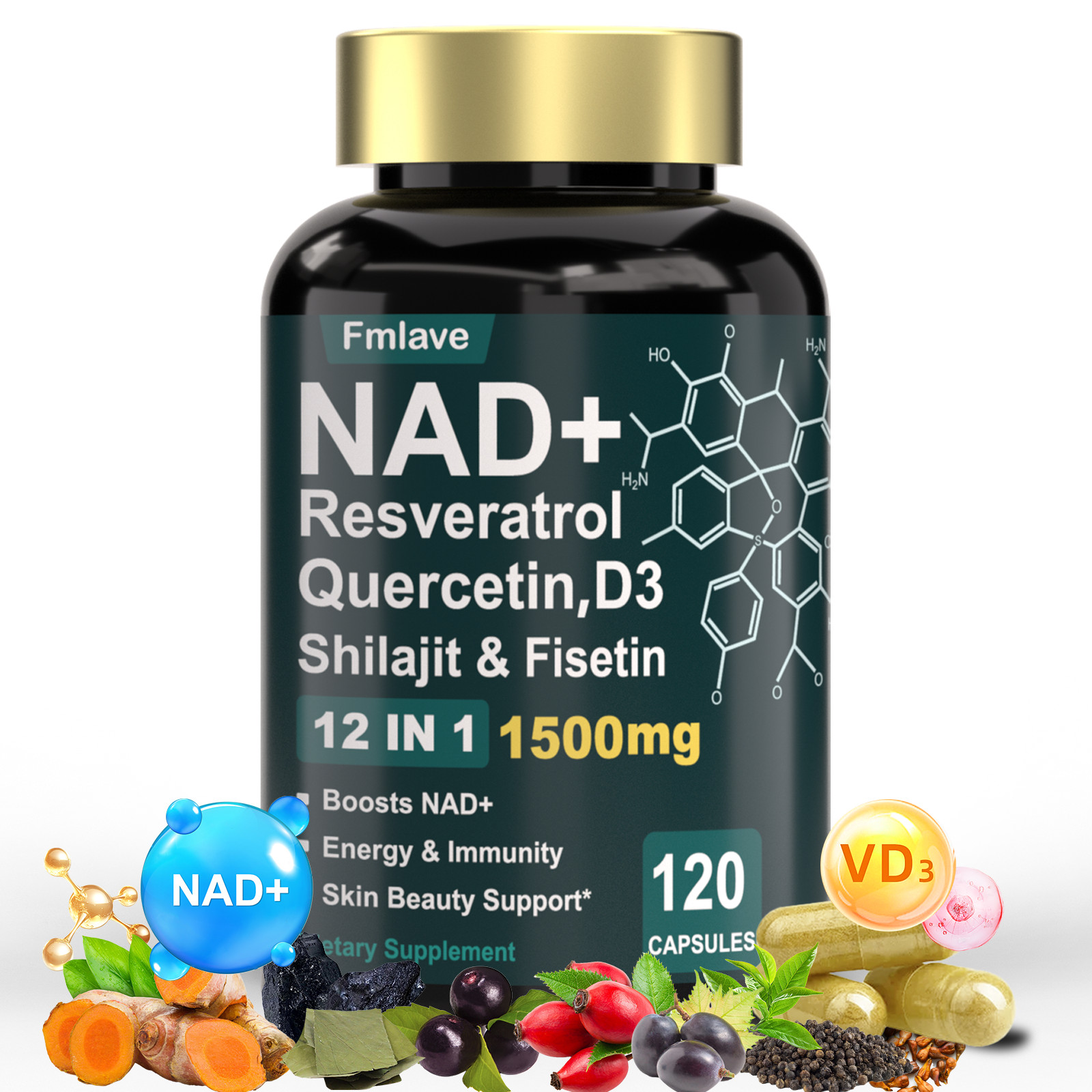 NAD+ Supplement 1500mg with Resveratrol | Cellular Health & Energy | 120 Caps US