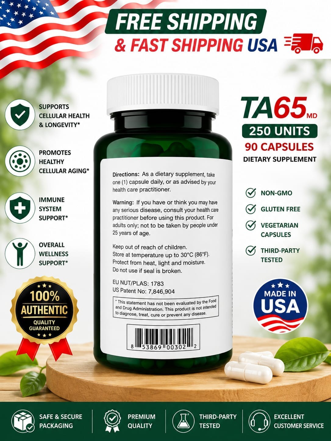 TA-65 Telomere Activation Rejuvenation Supplement, DNA Repair, Stem Cell 90 Caps