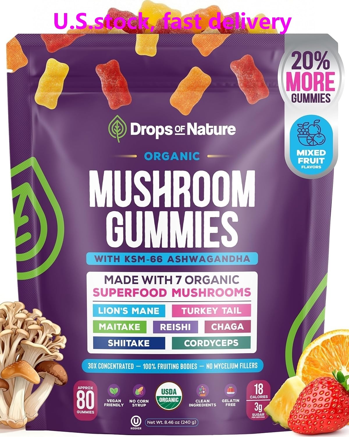 Drops of Nature Mushroom Gummies – Ashwagandha, Lion’s Mane – 80ct