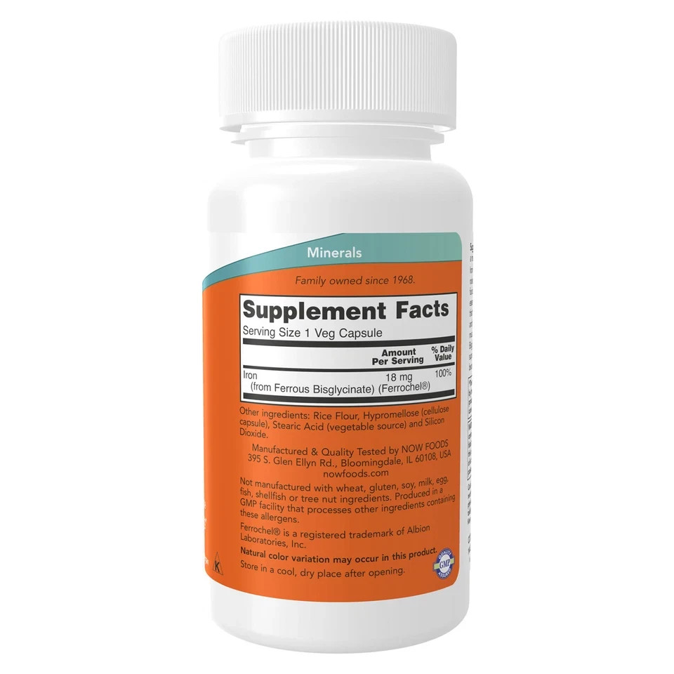 NOW Foods Iron 18mg 120 Veg Capsules Essential Mineral Dietary Supplement
