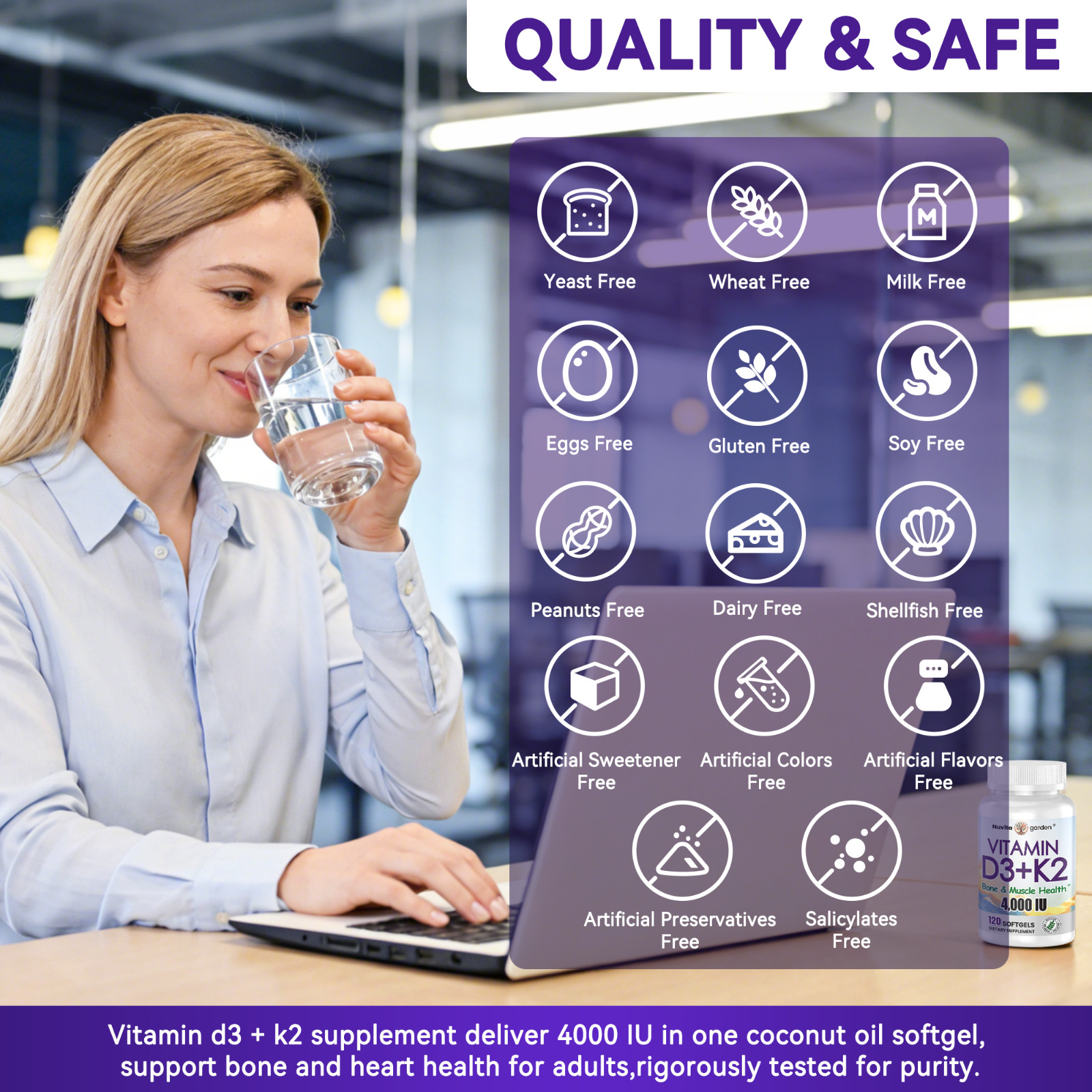 2-in-1 Formula Vitamin D3 4000IU (100 mcg) & 200 mcg K2 MK-7, Easy to Swallow