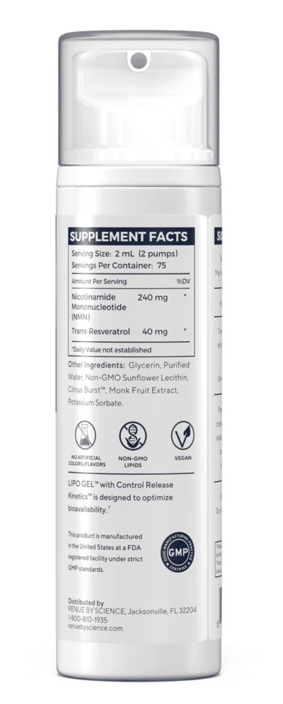 Renue By Science NMN + Resveratrol Lipo Gel, White, 5 fl oz 150 mL