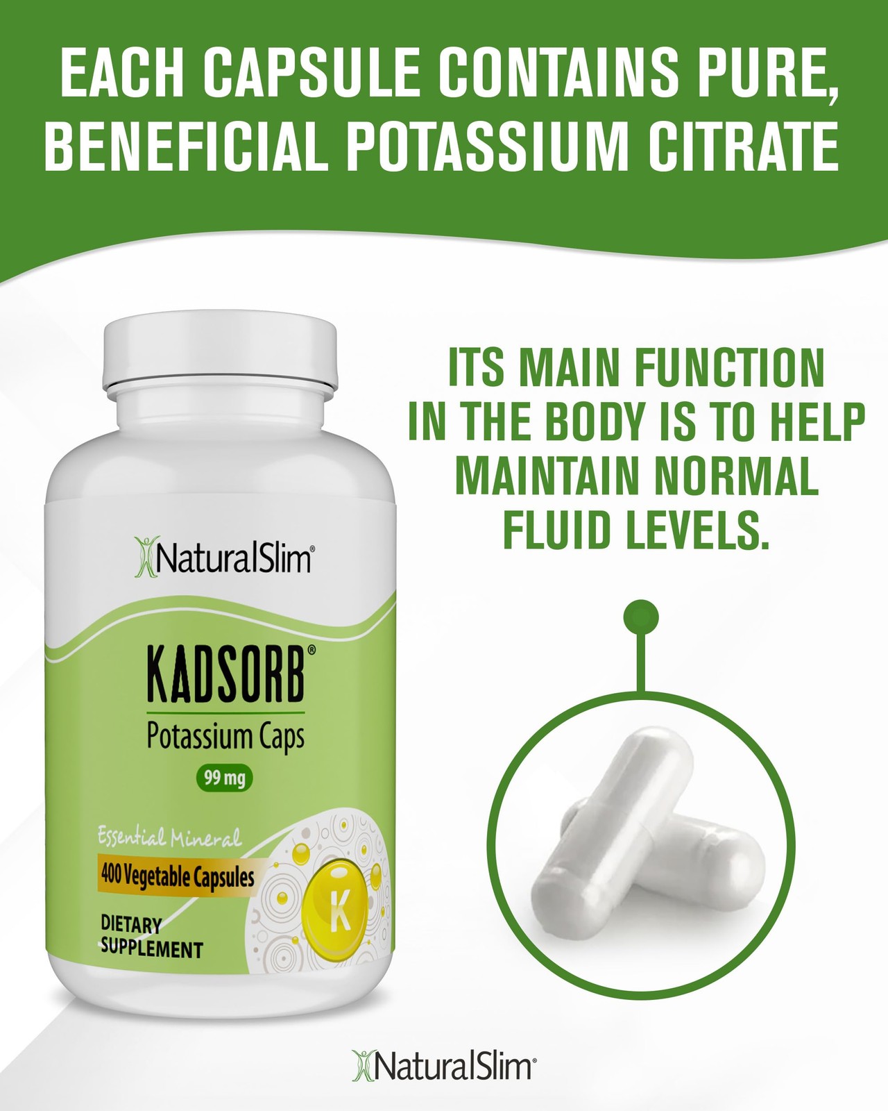 NaturalSlim Kadsorb Potassium Citrate Gluconate 99 mg, 400 Count (Pack of 1)